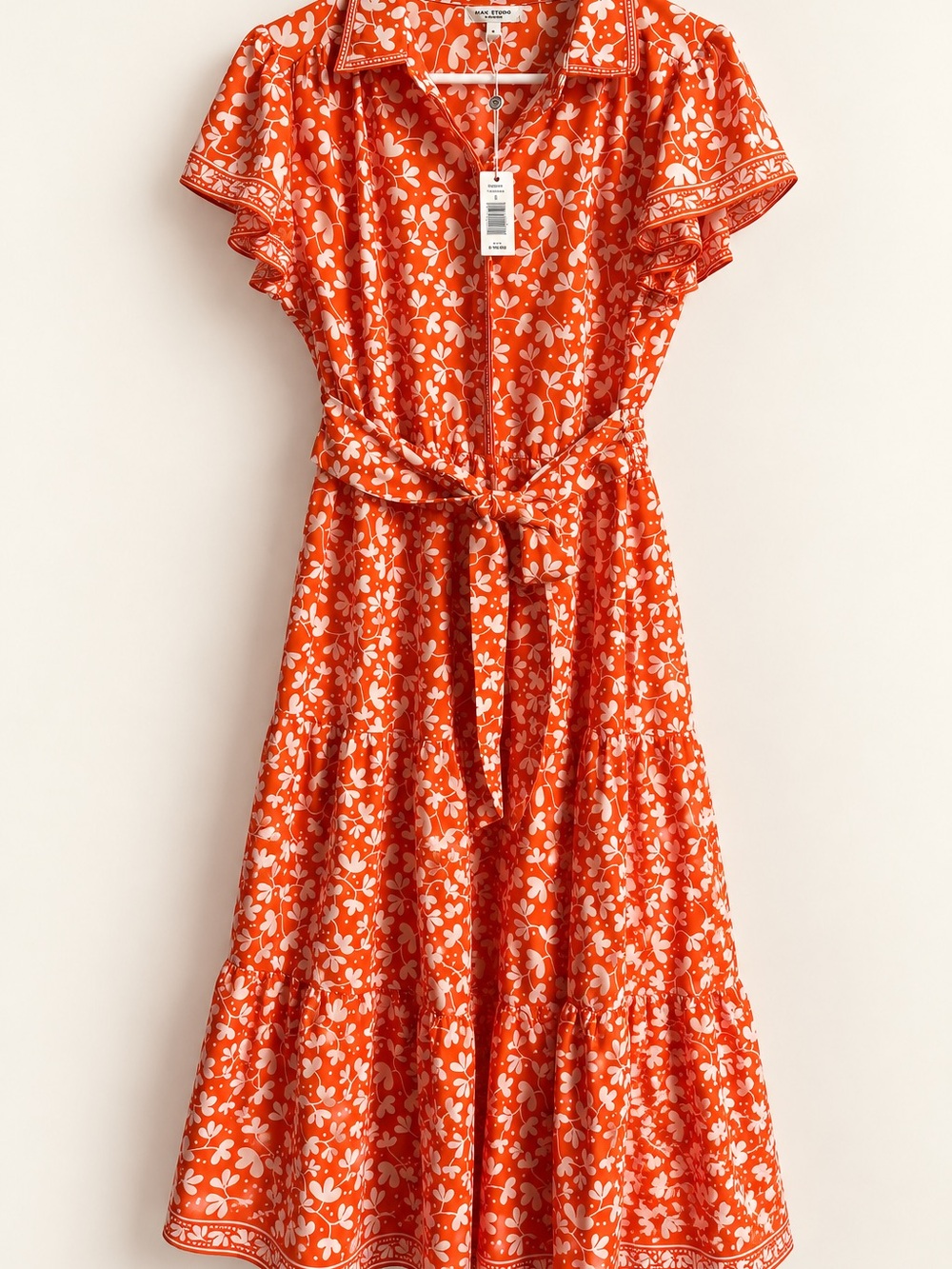 Max Studio Floral Tie-Waist Midi Dress in Orange